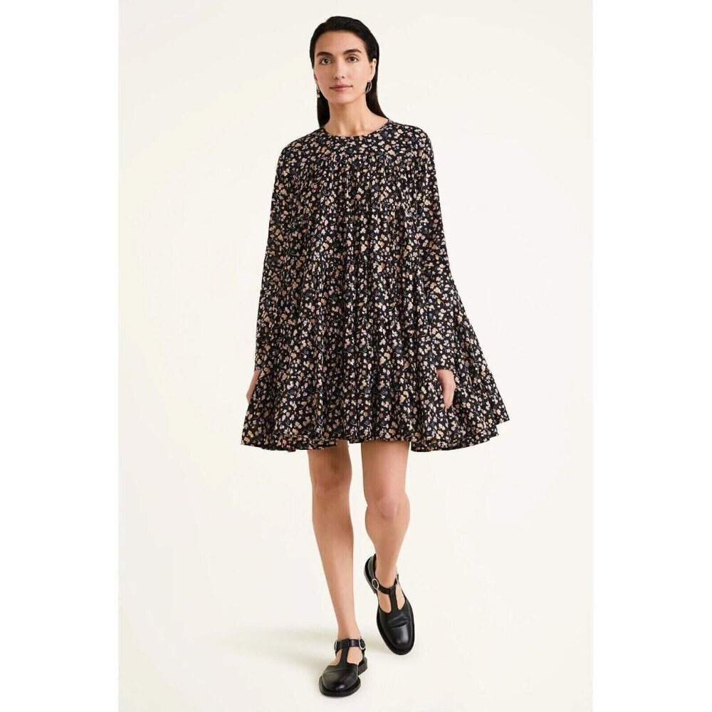 Merlette NYC Soliman Floral Printed Mini Dress Cotton Black Tiered XXS